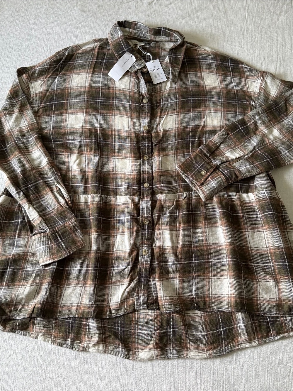NWT American Eagle Outfitters Soft Plaid Button Front Babydoll Shirt Brown Cream
